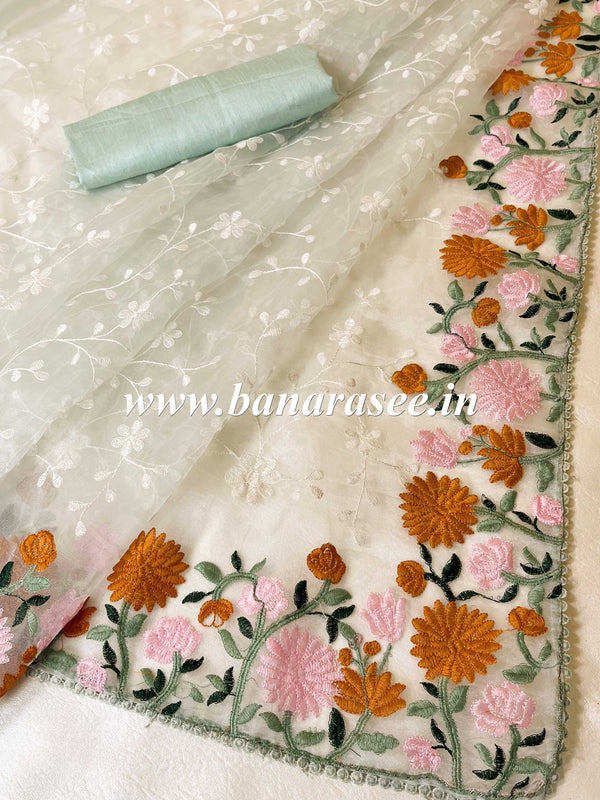 Banarasee Handwoven Organza Silk Resham Floral Embroidery Saree-Pastel Green