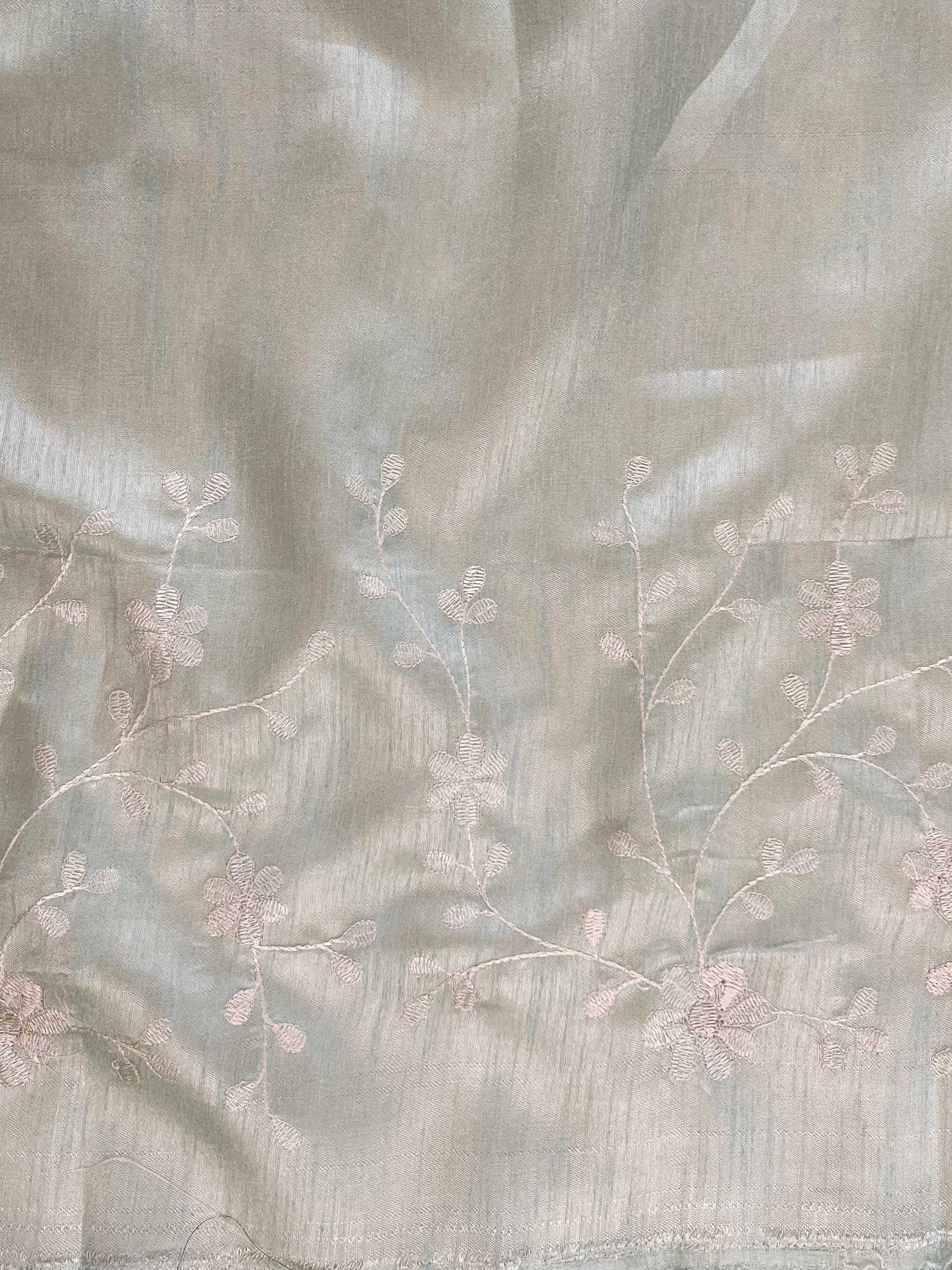 Banarasee Handwoven Organza Silk Resham Floral Embroidery Saree-Pastel Green