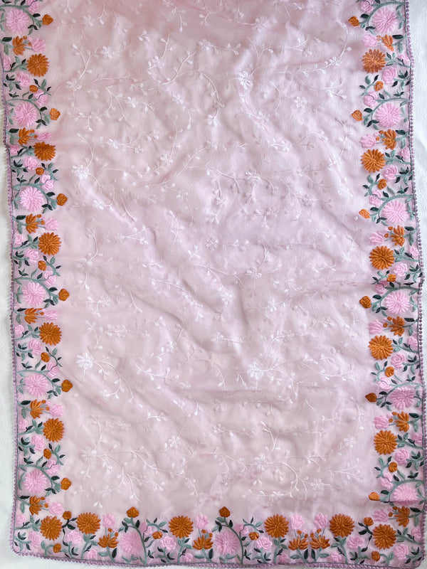 Banarasee Handwoven Organza Silk Resham Floral Embroidery Saree-Pink