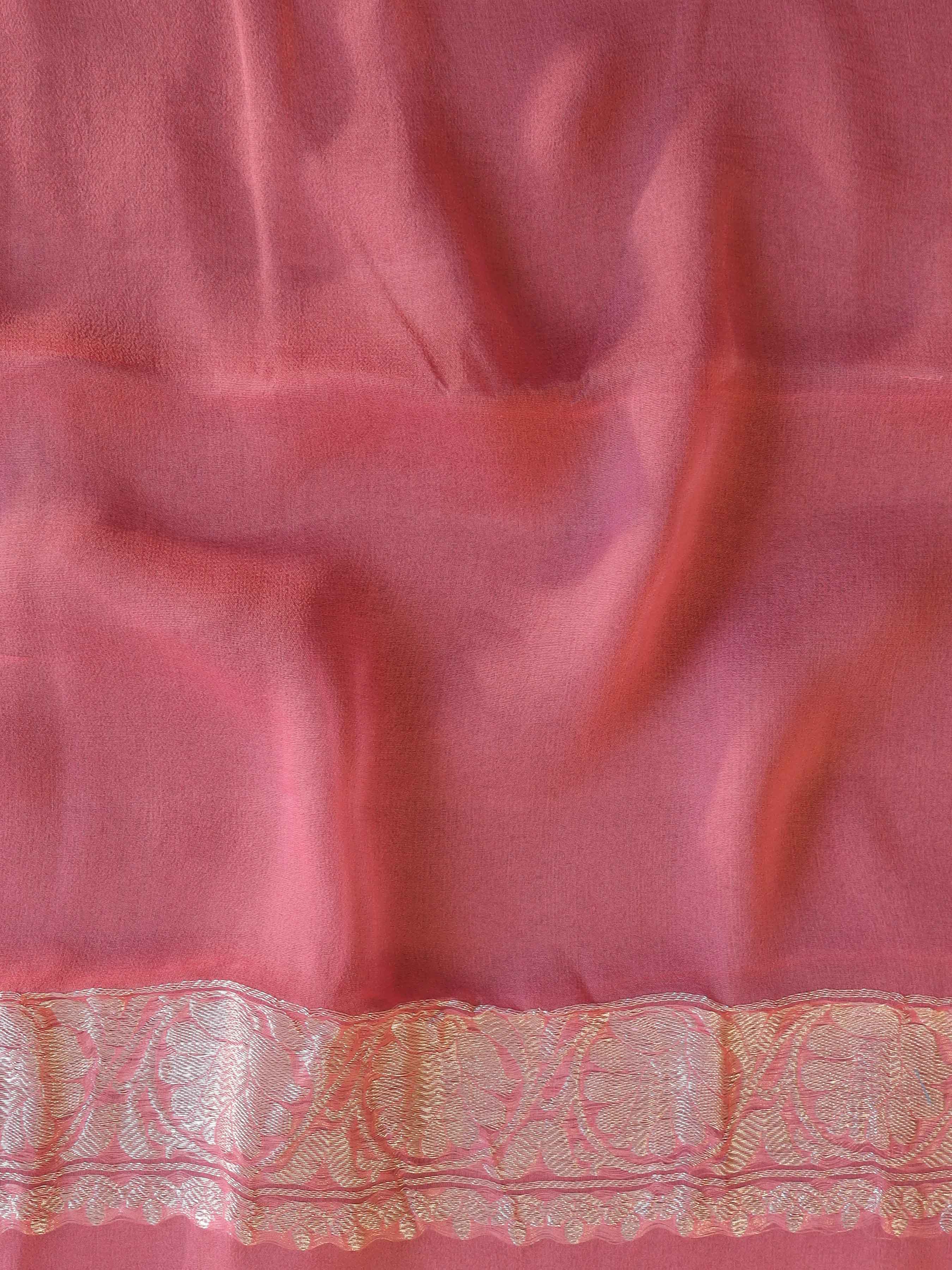 Banarasee Pure Khaddi Chiffon Silk Saree With Silver Zari-Rose Pink