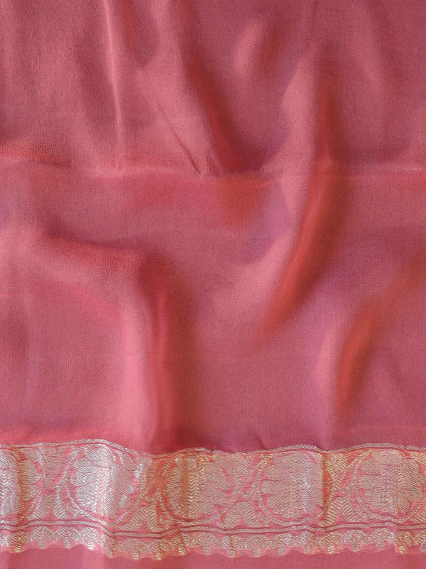 Banarasee Pure Khaddi Chiffon Silk Saree With Silver Zari-Rose Pink