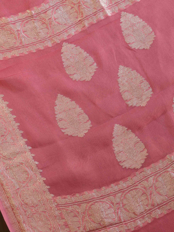 Banarasee Pure Khaddi Chiffon Silk Saree With Silver Zari-Rose Pink