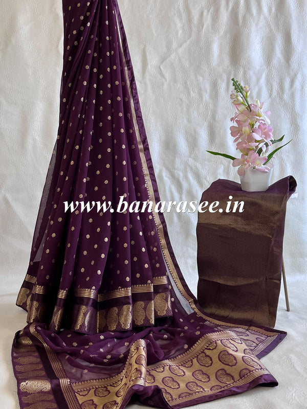 Banarasee Pure Chiffon Saree With Embroidery Work & Paisley Border-Wine