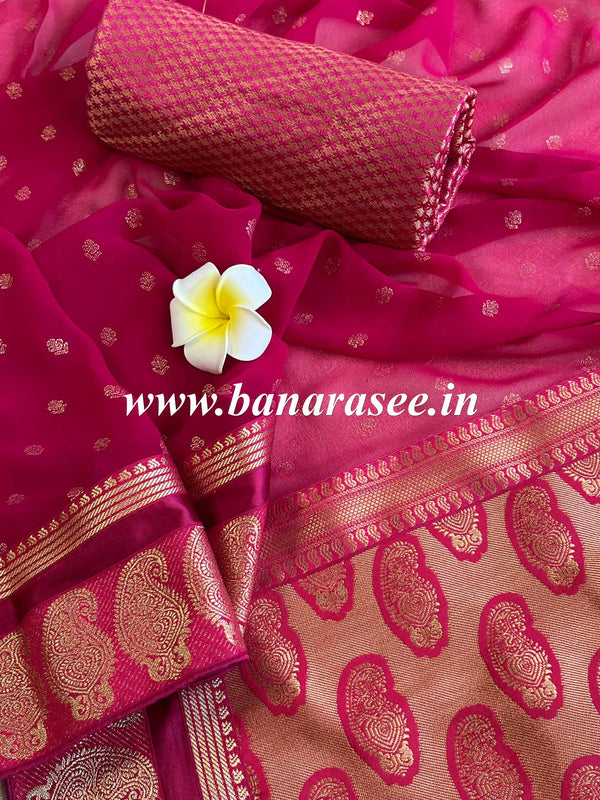 Banarasee Pure Chiffon Saree With Embroidery Work & Paisley Border-Pink