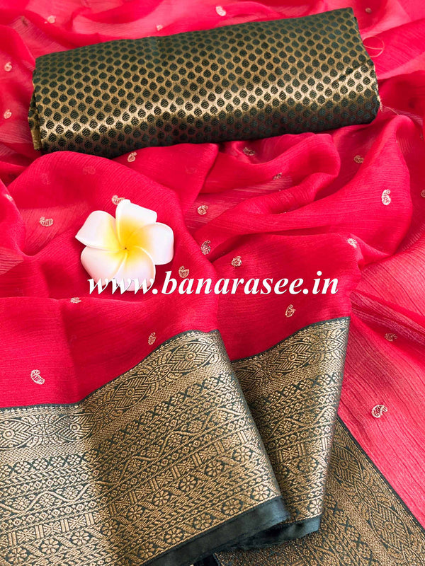 Banarasee Pure Chiffon Saree With Embroidery Work & Banarasee Border-Red & Green