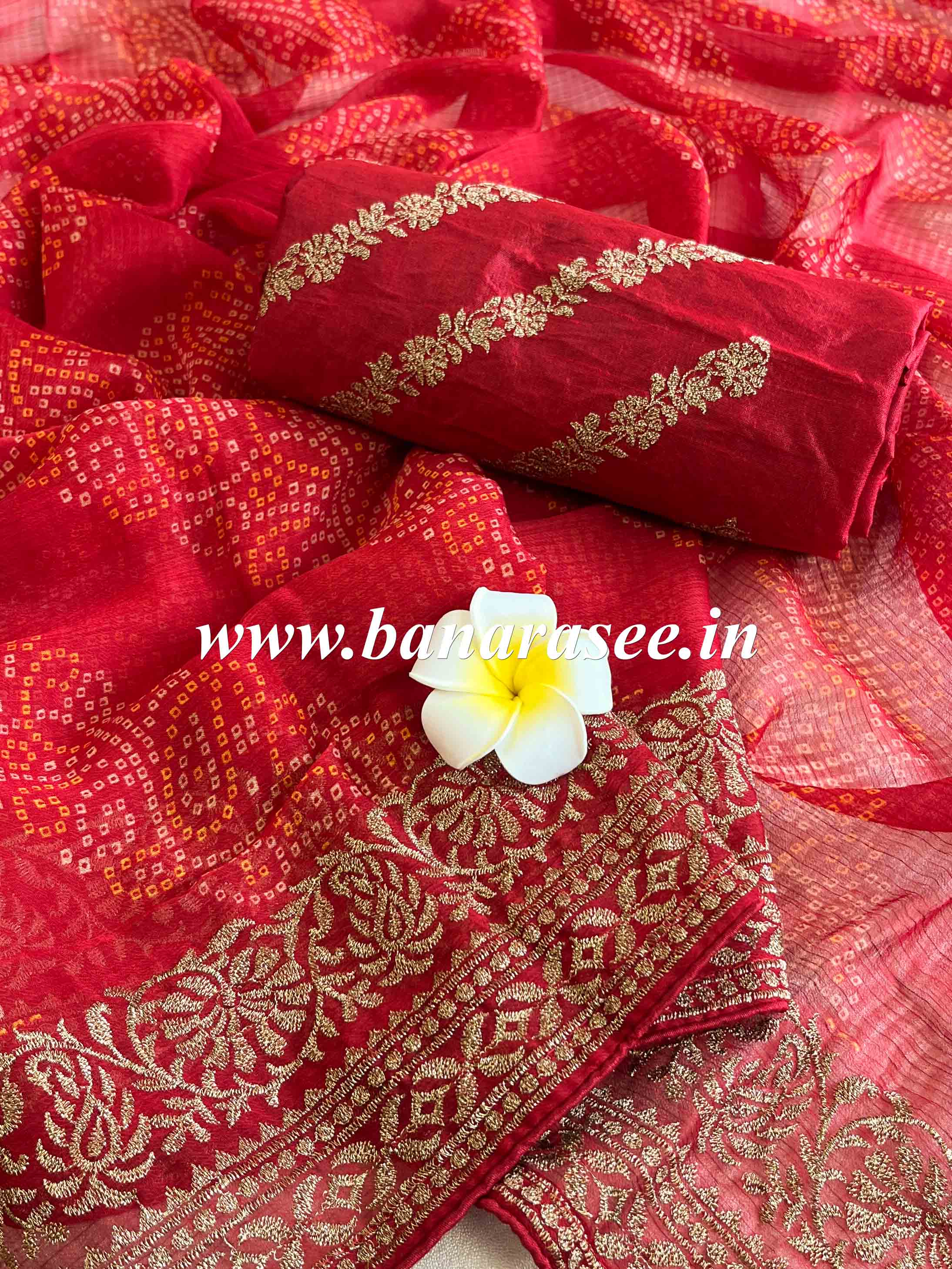 Banarasee Chiffon Blend Saree Chunri Print Zari Embroidered Border & Silk Blouse-Red