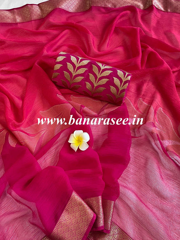 Banarasee Pure Chiffon Saree With Dual Color & Banarasee Border-Pink