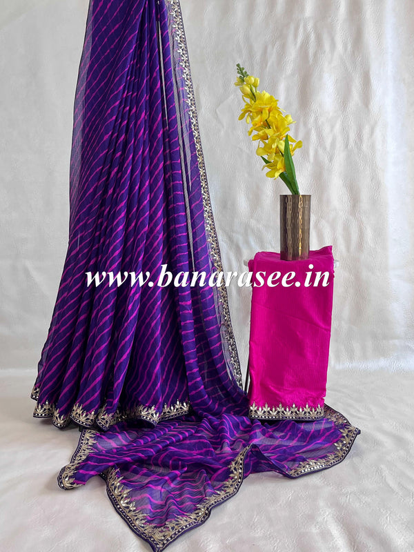 Banarasee Pure Chiffon Leheriya Saree With Hand-Embroidered Gotapatti Work & Silk Blouse-Violet