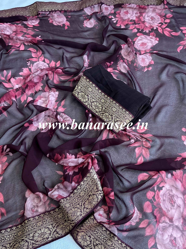 Banarasee Chiffon Blend Saree With Digital Floral Print & Banarasee Border-Brown