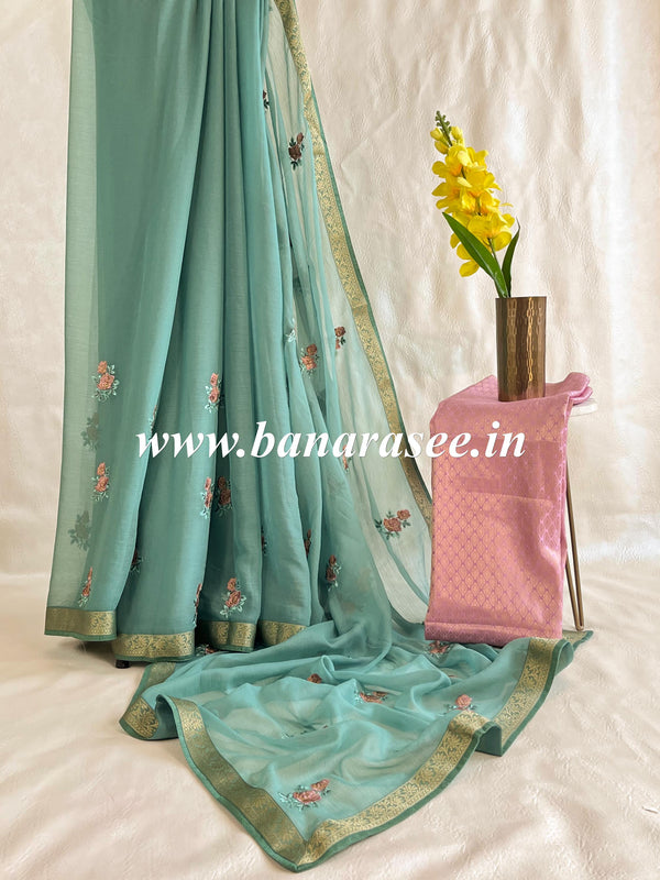 Banarasee Pure Chiffon Saree With Embroidery Work & Banarasee Border-Green