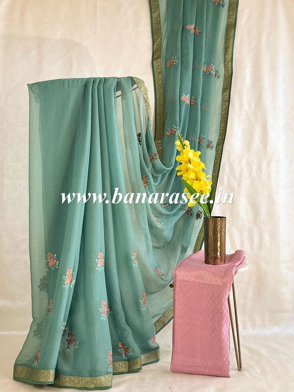 Banarasee Pure Chiffon Saree With Embroidery Work & Banarasee Border-Green