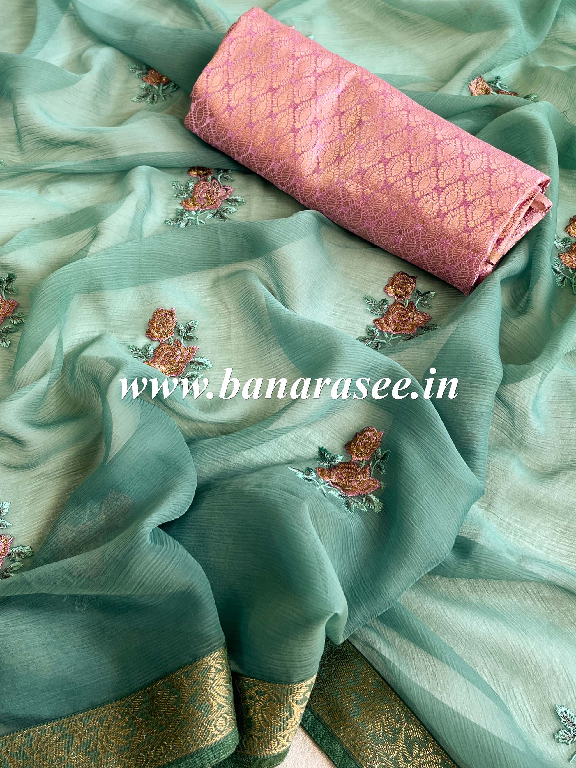 Banarasee Pure Chiffon Saree With Embroidery Work & Banarasee Border-Green