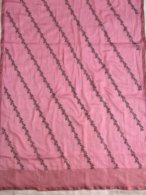 Banarasee Pure Chiffon Saree With Embroidery Work & Thin Banarasee Border-Pink