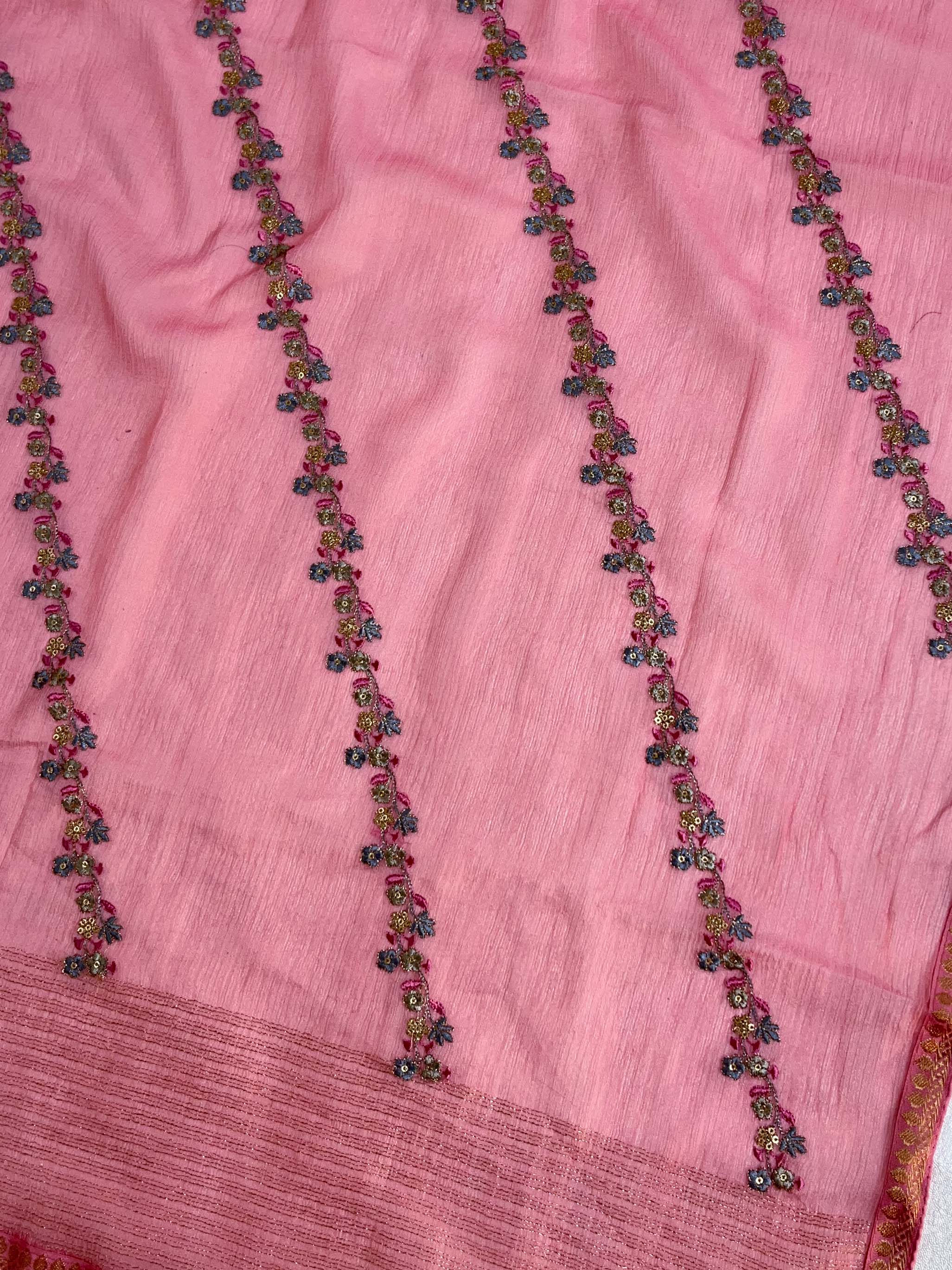 Banarasee Pure Chiffon Saree With Embroidery Work & Thin Banarasee Border-Pink