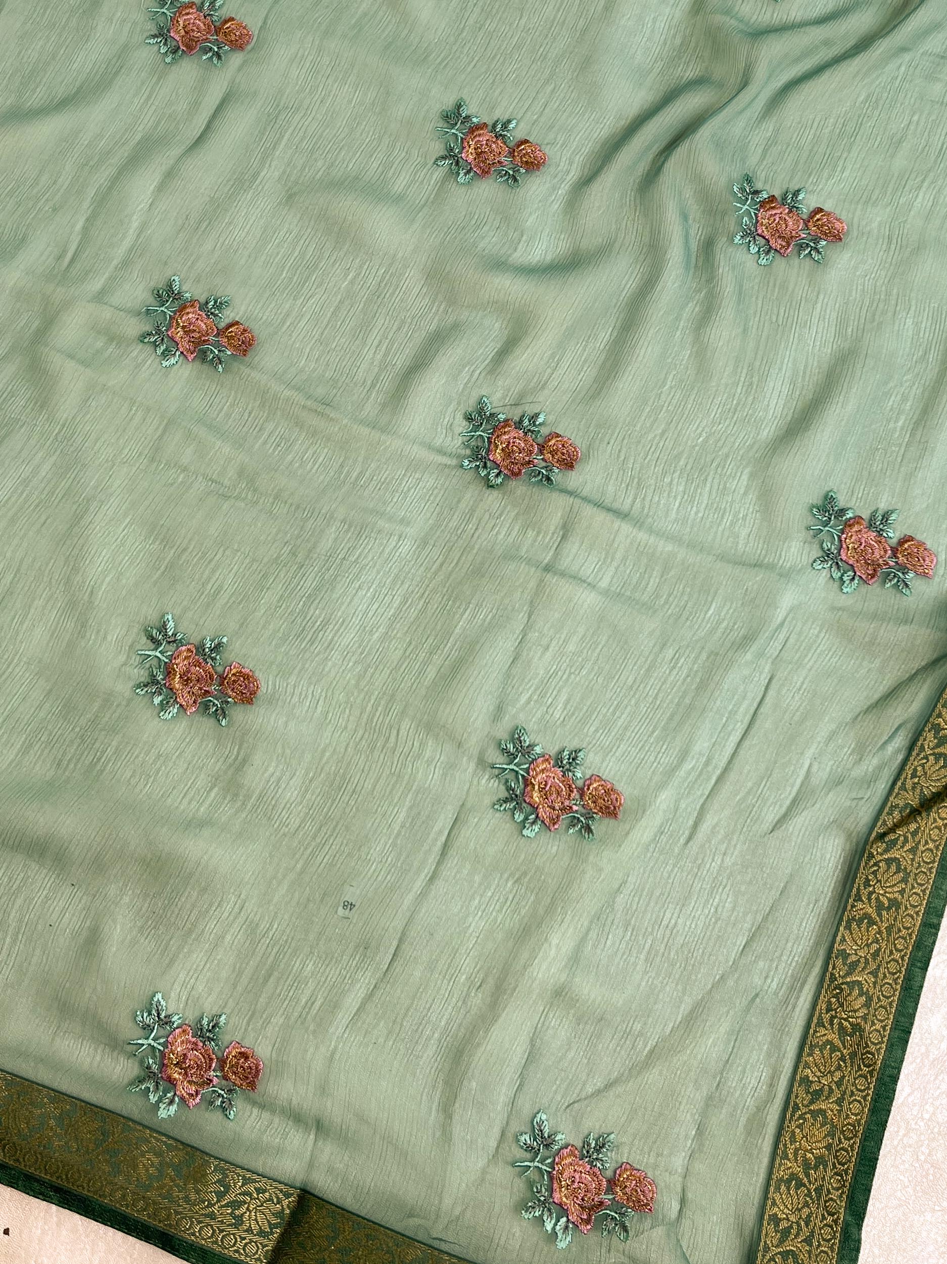 Banarasee Pure Chiffon Saree With Embroidery Work & Banarasee Border-Green