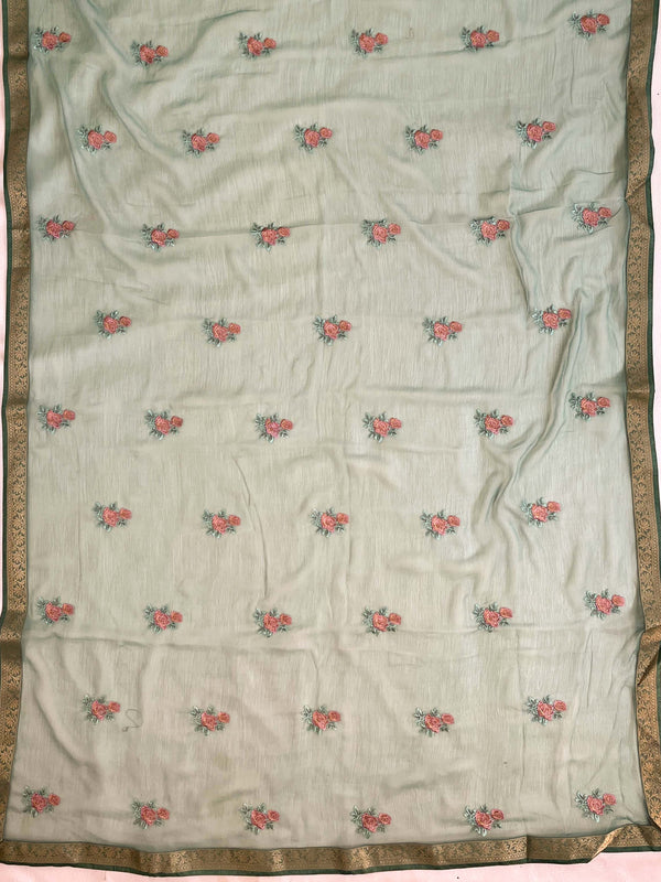 Banarasee Pure Chiffon Saree With Embroidery Work & Banarasee Border-Green