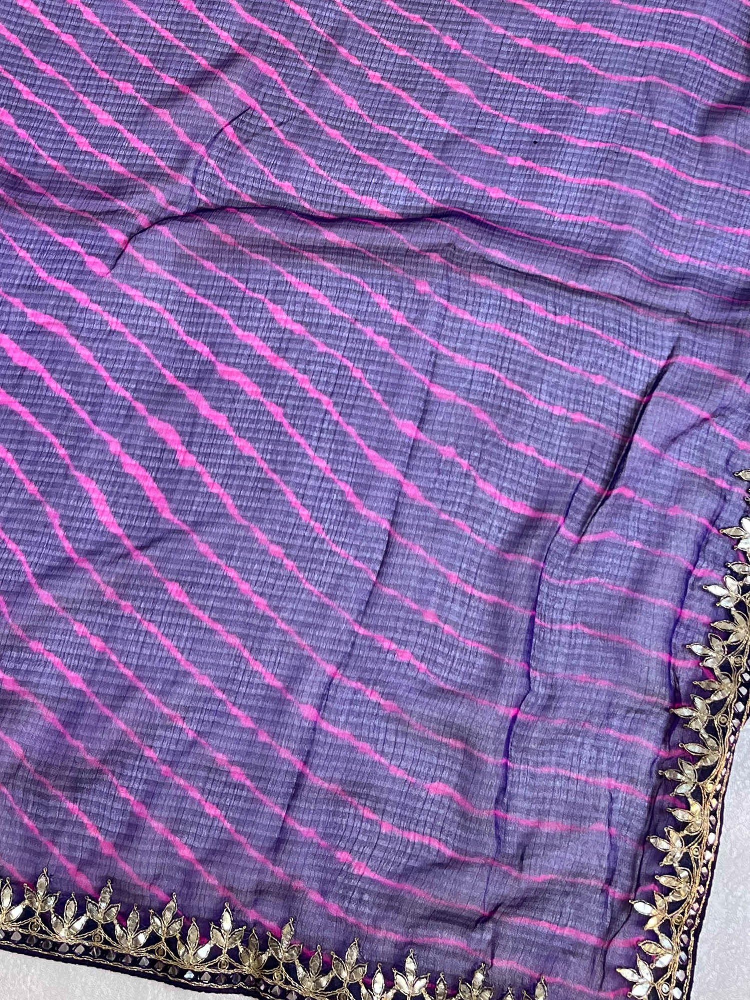Banarasee Pure Chiffon Leheriya Saree With Hand-Embroidered Gotapatti Work & Silk Blouse-Violet