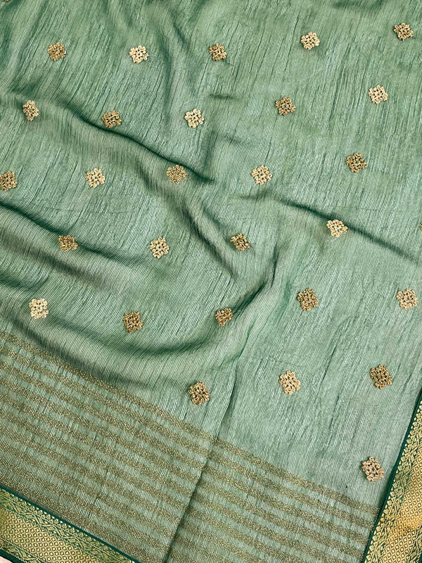 Banarasee Pure Chiffon Saree With Embroidery Work & Banarasee Border-Deep Green