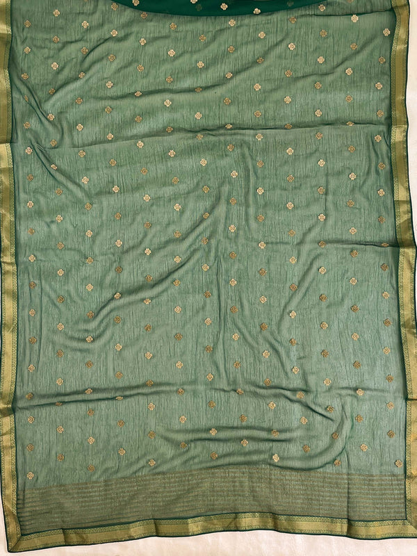 Banarasee Pure Chiffon Saree With Embroidery Work & Banarasee Border-Deep Green