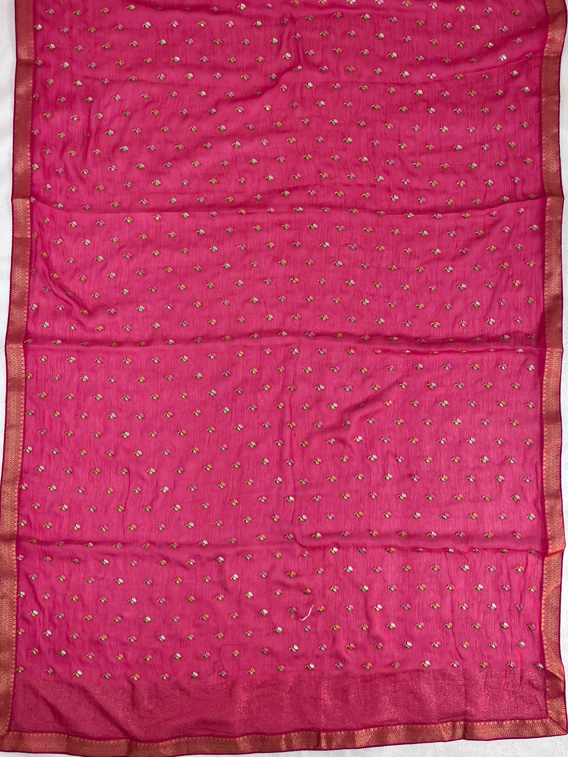 Banarasee Pure Chiffon Saree With Embroidery Work & Thin Banarasee Border-Fuchsia Pink