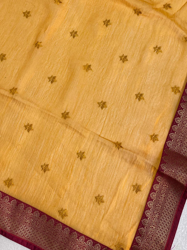 Banarasee Chiffon Blend Saree With & Banarasee Border & Contrast Blouse-Yellow