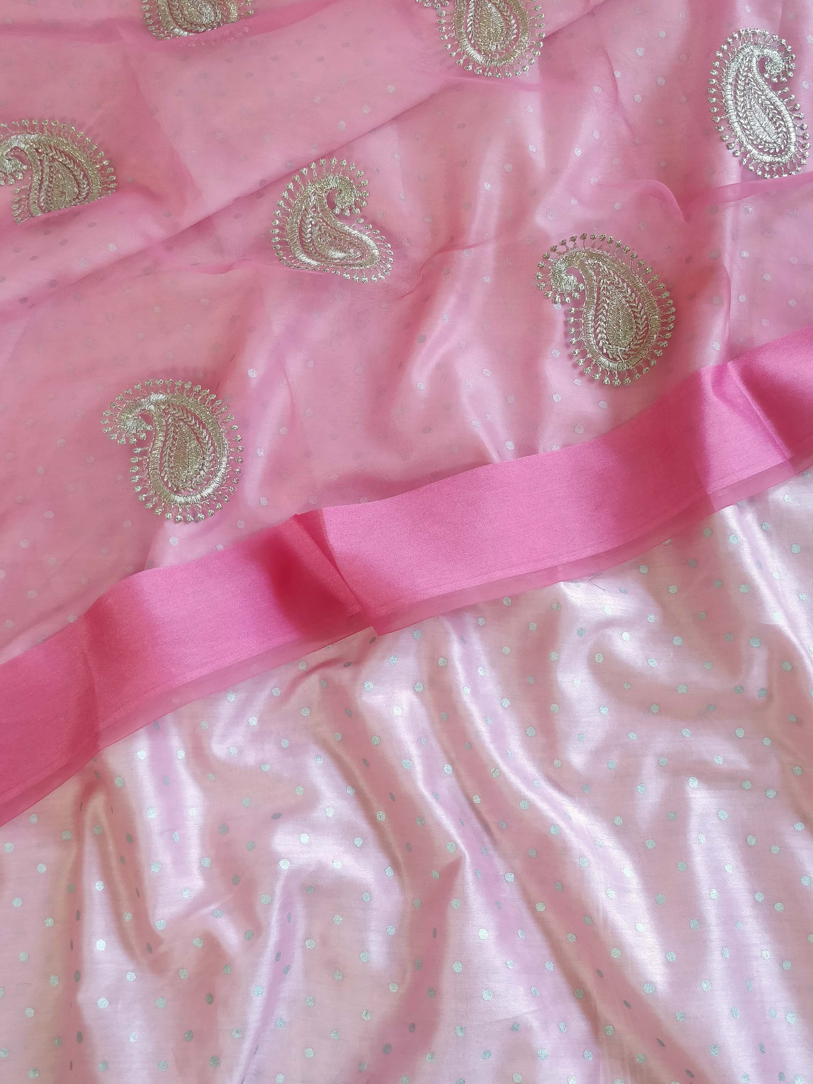 Banarasee Chanderi Salwar Kameez  Silver Buti Fabric With Organza Dupatta-Pink