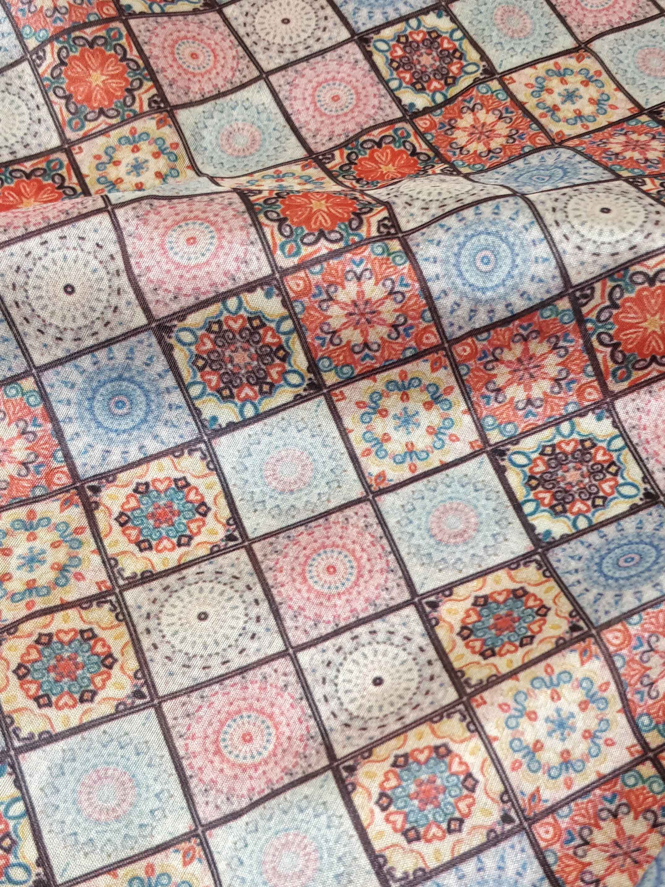 Banarasee Semi-Silk With Digital Check Print-Multicolor