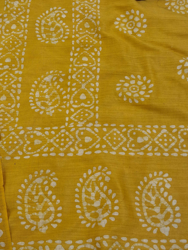 Pure Handloom Khadi Cotton Hand-Dyed Batik Pattern Salwar Kameez Dupatta Set-Yellow