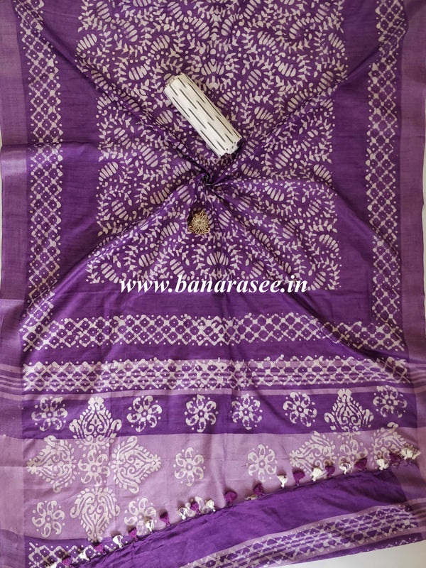 Handloom Pure Linen Cotton Hand-Dyed Batik Pattern Saree With Ikkat Blouse-Violet