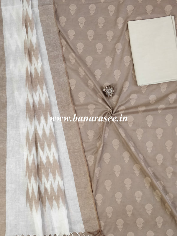 Pure Handloom Cotton Self Weaving Salwar Kameez Set With Ikkat Dupatta-Beige