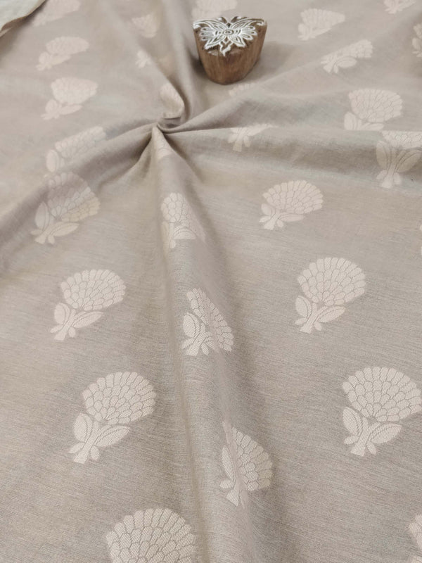 Pure Handloom Cotton Self Weaving Salwar Kameez Set With Ikkat Dupatta-Beige