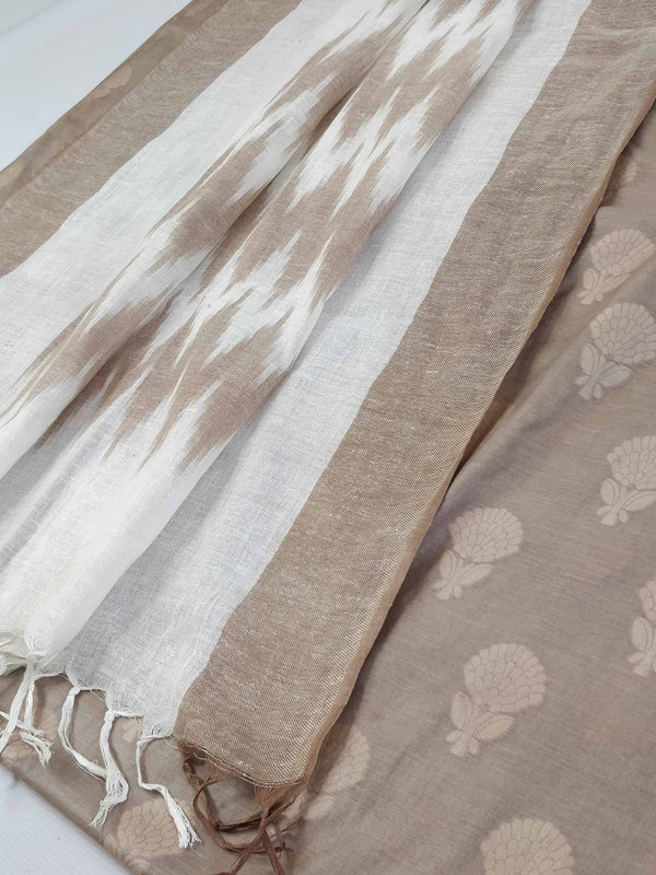 Pure Handloom Cotton Self Weaving Salwar Kameez Set With Ikkat Dupatta-Beige