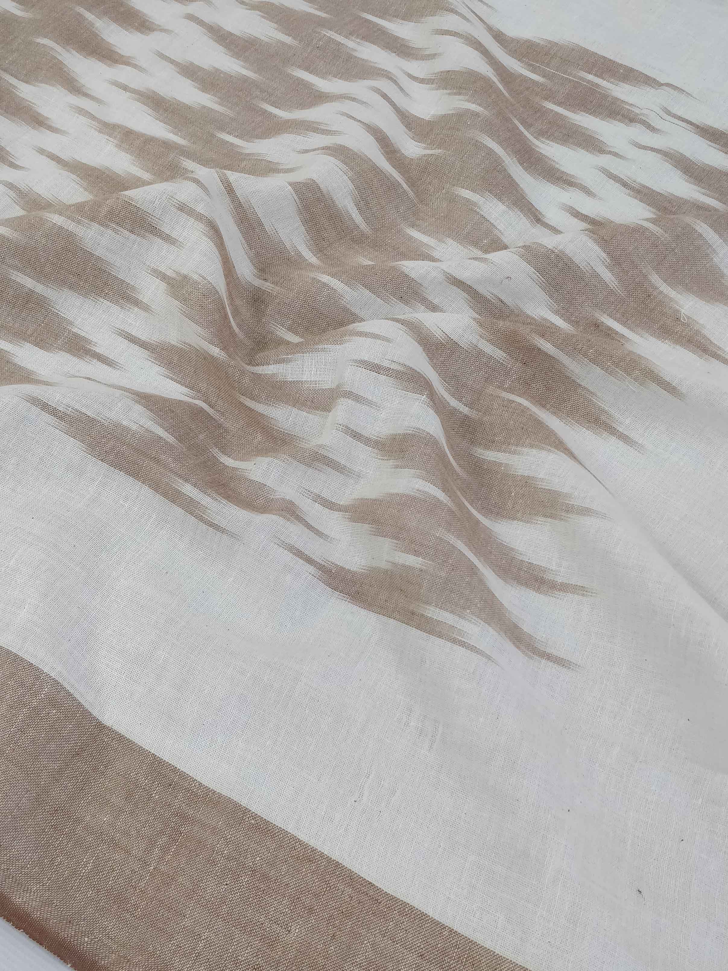Pure Handloom Cotton Self Weaving Salwar Kameez Set With Ikkat Dupatta-Beige