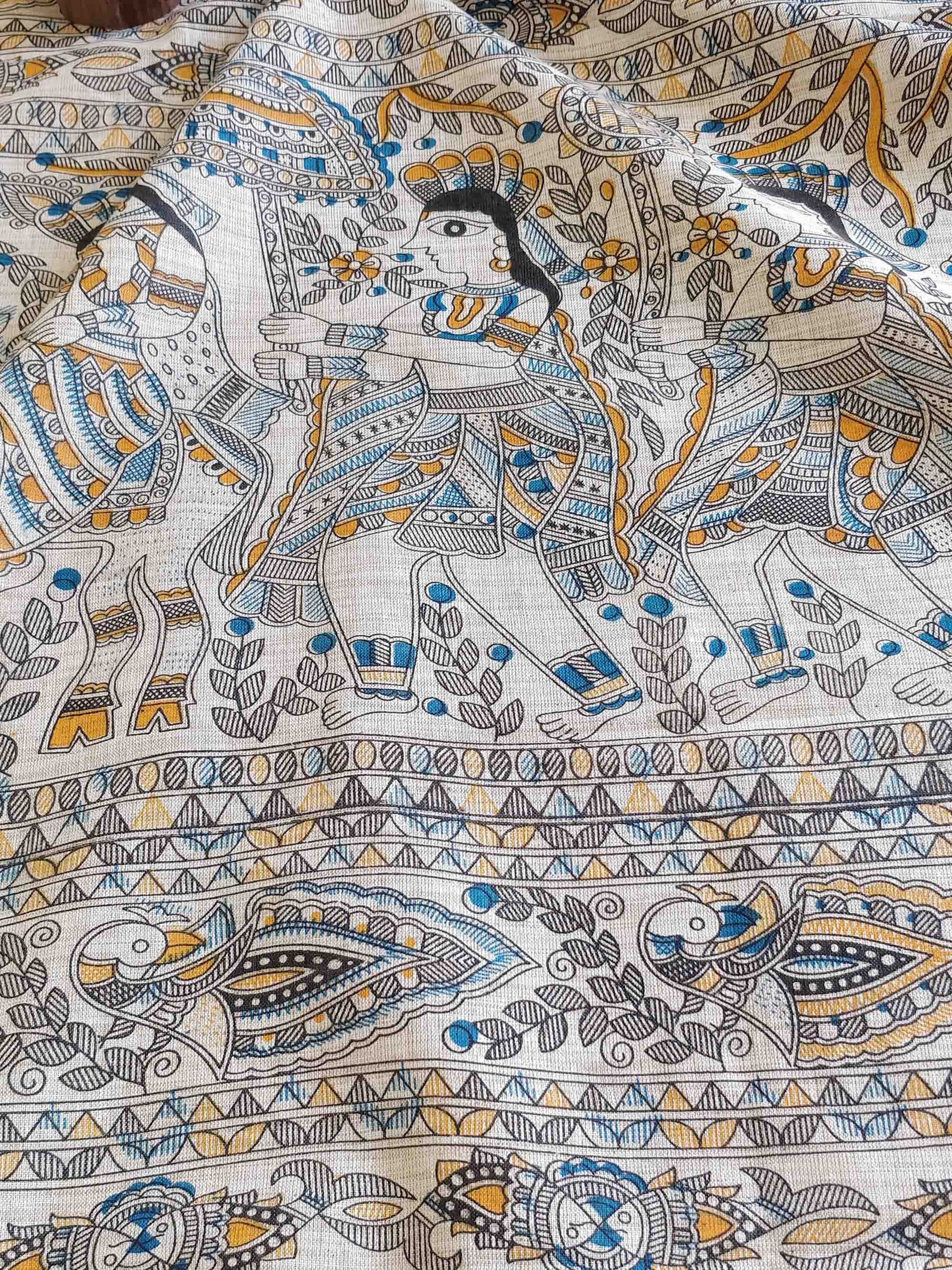 Pure Handloom Khadi Cotton Madhubani Print Salwar Kameez Dupatta Set-Beige