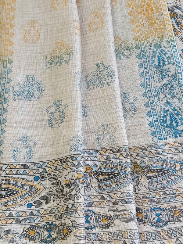 Pure Handloom Khadi Cotton Madhubani Print Salwar Kameez Dupatta Set-Beige