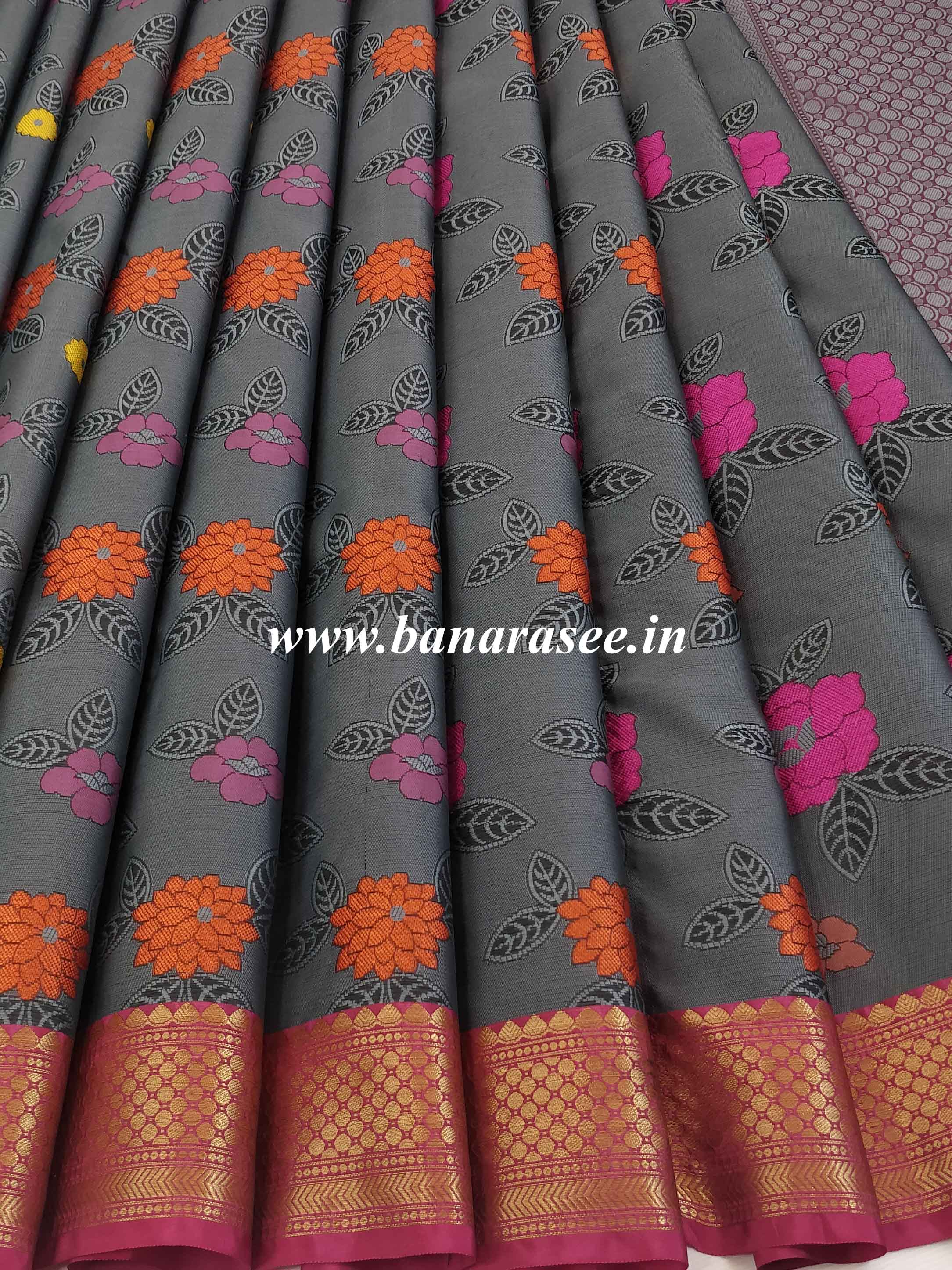 Banarasee Kora Muslin Saree With Resham Jaal Design-Grey