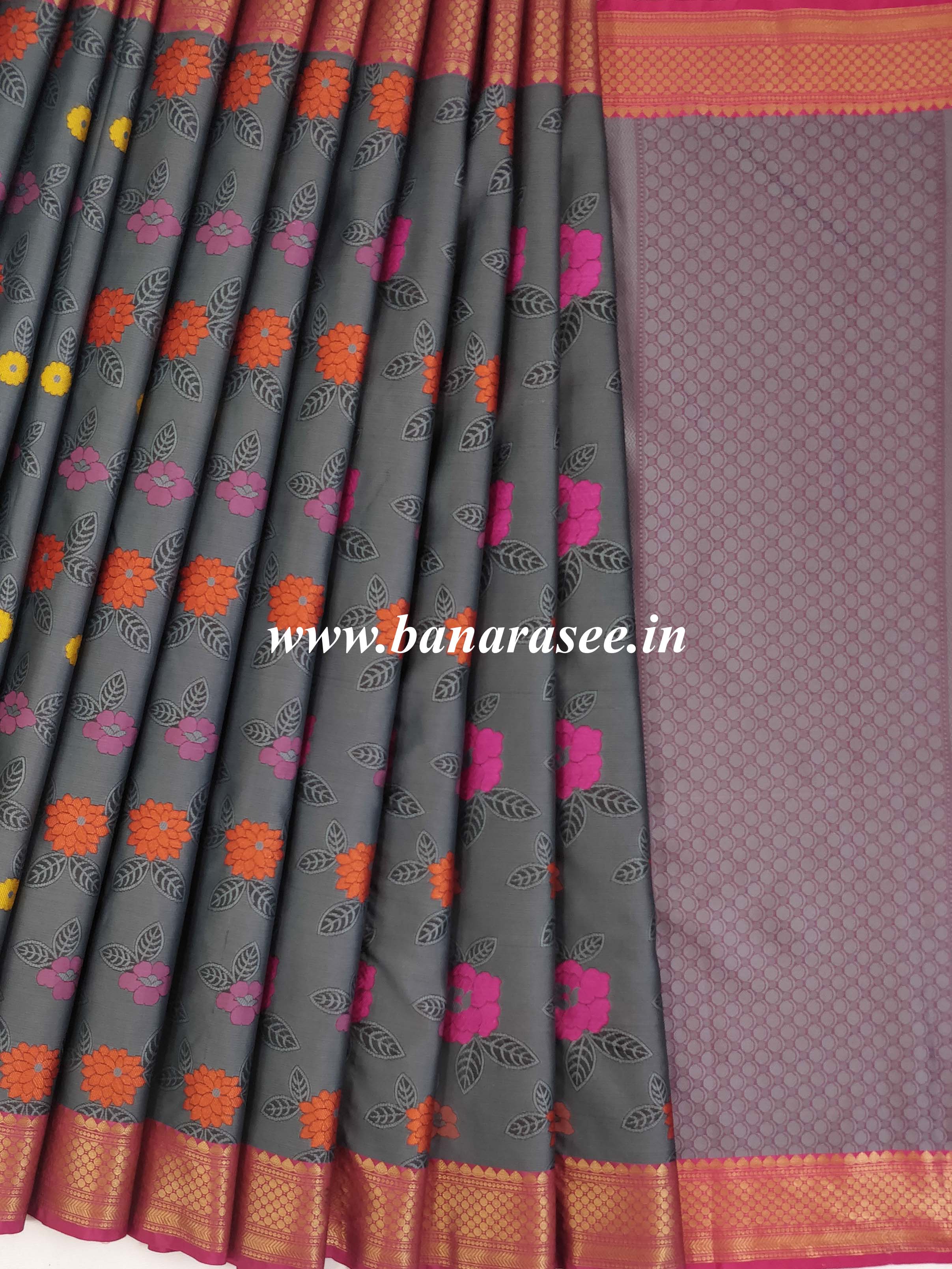 Banarasee Kora Muslin Saree With Resham Jaal Design-Grey