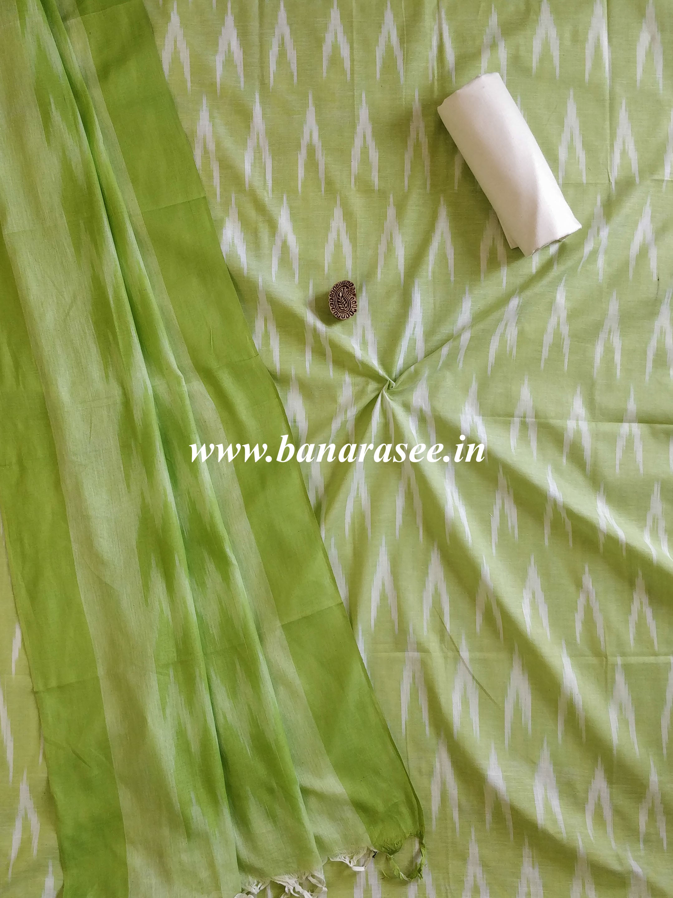 Handloom Khadi Cotton Salwar Kameez Dupatta Ikkat Woven Set-Green