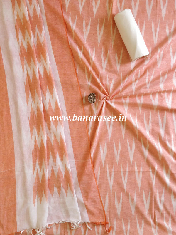 Handloom Khadi Cotton Salwar Kameez Dupatta Ikkat Woven Set-Orange