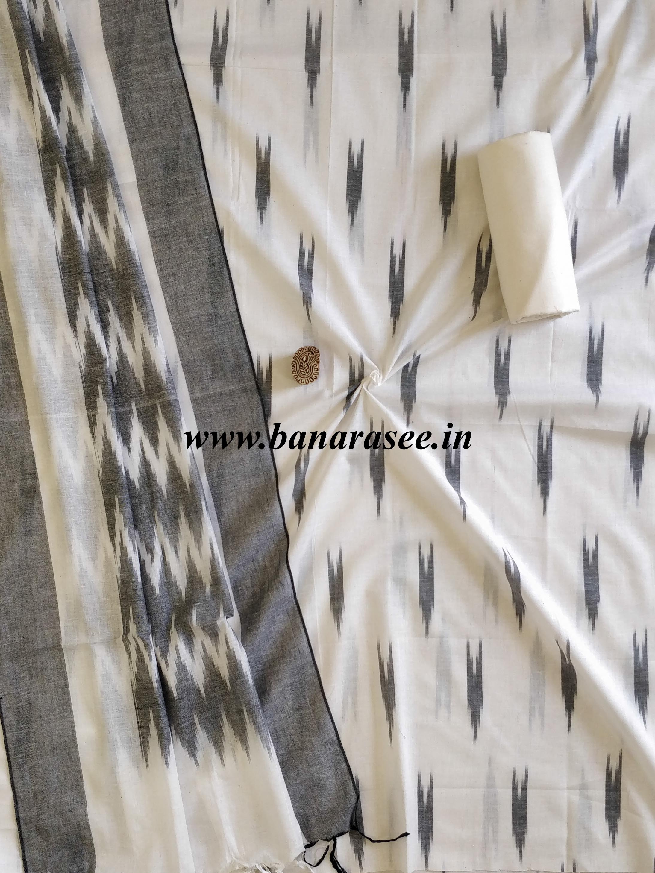 Handloom Khadi Cotton Salwar Kameez Dupatta Ikkat Woven Set-White