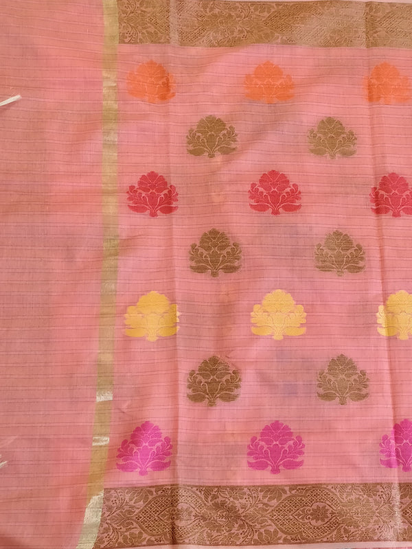 Banarasee Chanderi Cotton Salwar Kameez & Dupatta Set With Floral Design-Peach