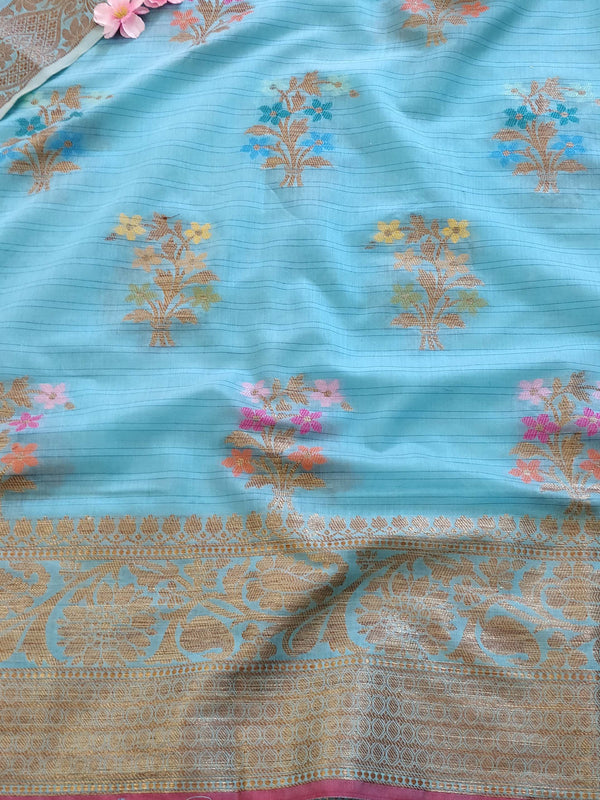 Banarasee Chanderi Cotton Salwar Kameez & Dupatta Set With Floral Design-Blue
