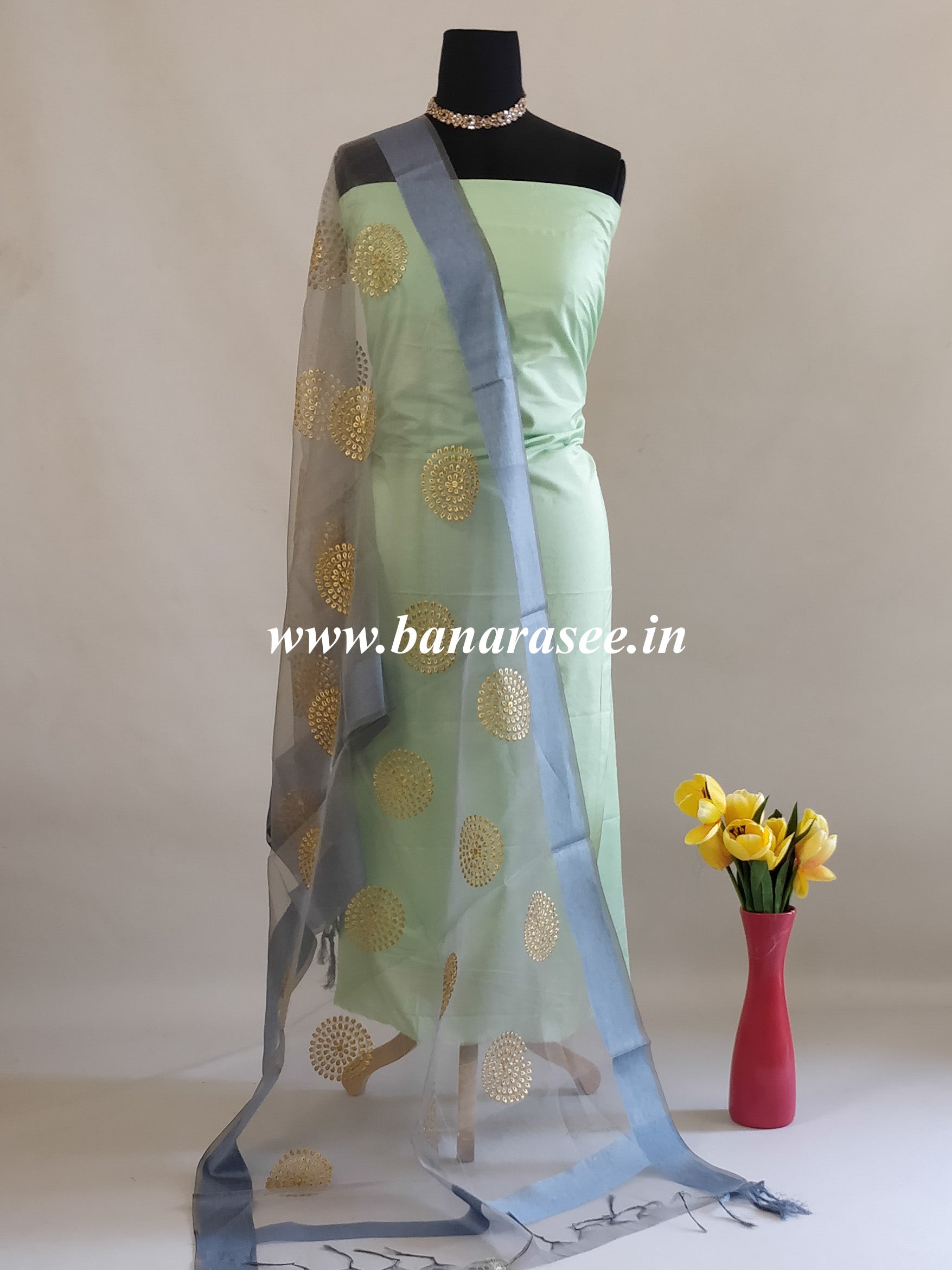 Banarasee Embroidered Gold Buta Design Organza Dupatta-Grey