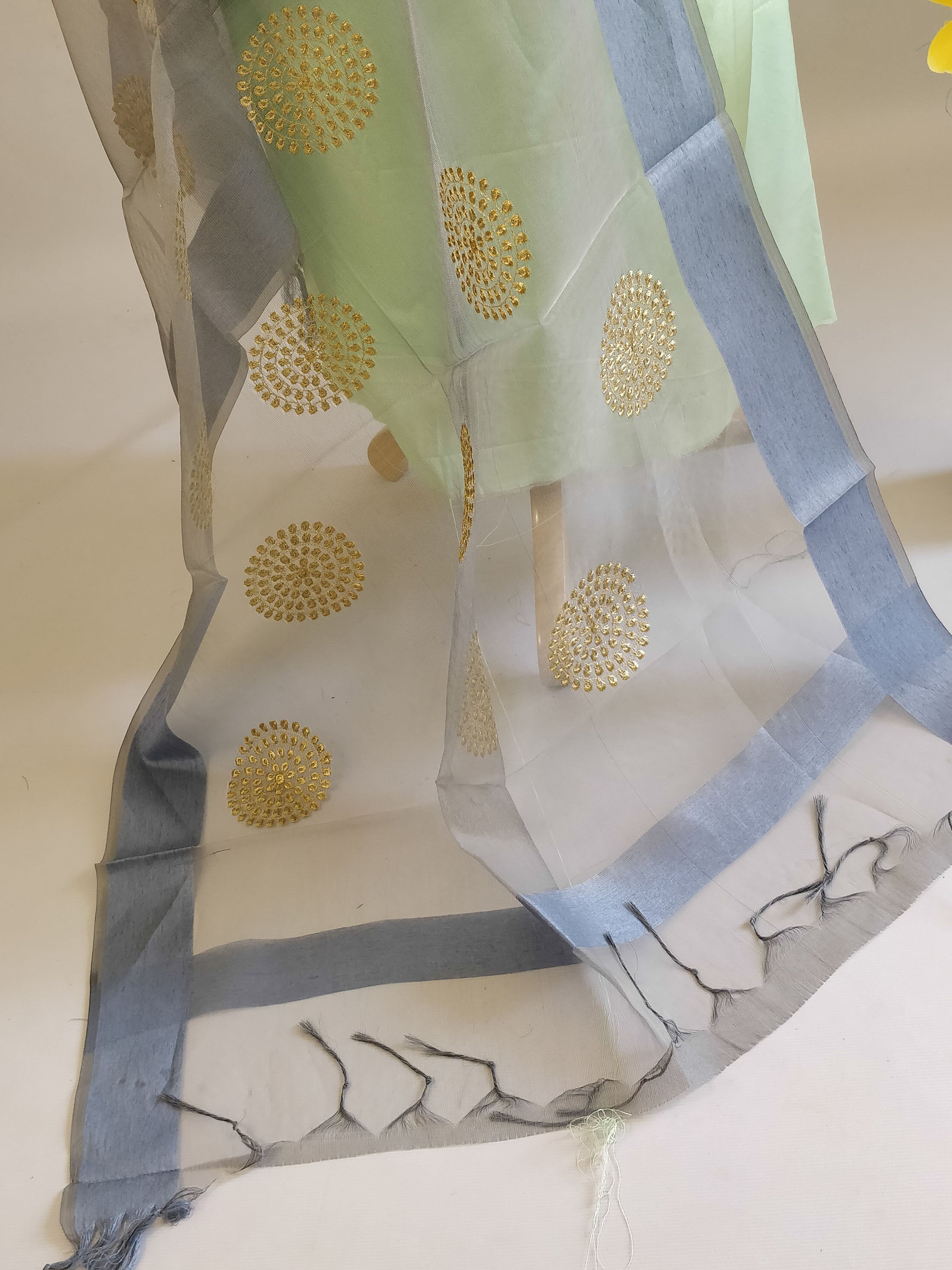 Banarasee Embroidered Gold Buta Design Organza Dupatta-Grey