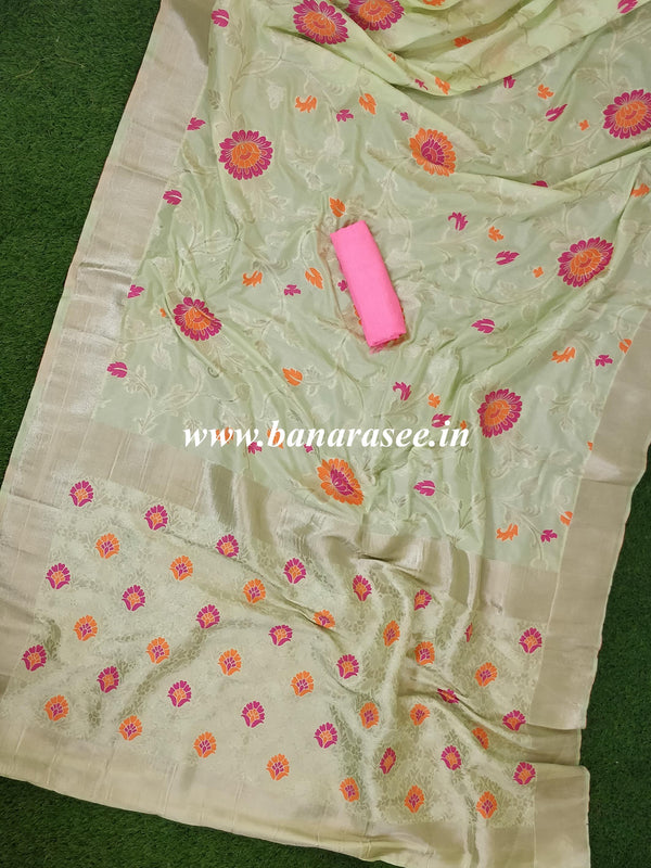 Banarasee Semi Silk Saree With Resham Jaal & Neon Pink Blouse-Mint Green