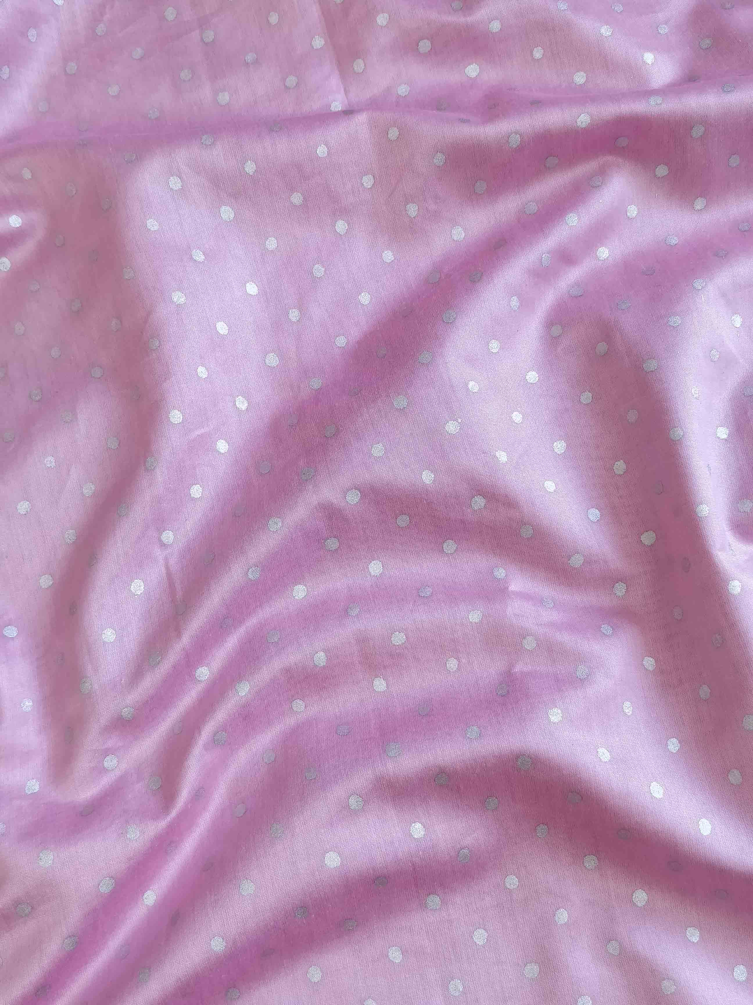 Banarasee Silver Print Polka Dot Chanderi Fabric-Baby Pink