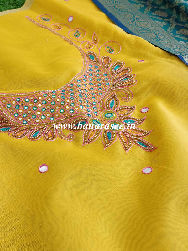 Banarasee Hand-Embroidery Chanderi Cotton Salwar Kameez Fabric With Art Silk Dupatta-Yellow