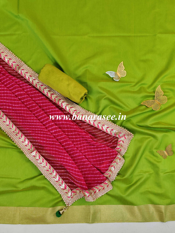 Banarasee Chanderi Salwar Kameez With Gota Patti Leheriya Dupatta-Green & Pink