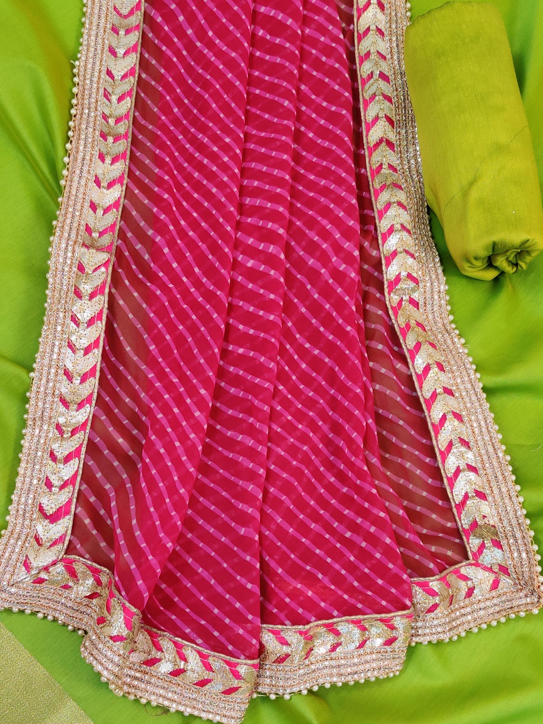 Banarasee Chanderi Salwar Kameez With Gota Patti Leheriya Dupatta-Green & Pink