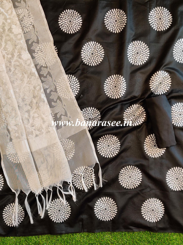 Banarasee Chanderi Salwar Kameez Silver Buta Fabric With Silver Dupatta-Black